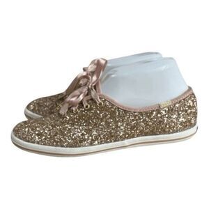 Keds Kate Spade Rose Gold pink Glitter Sneakers Size 7 Satin Laces Women Tie